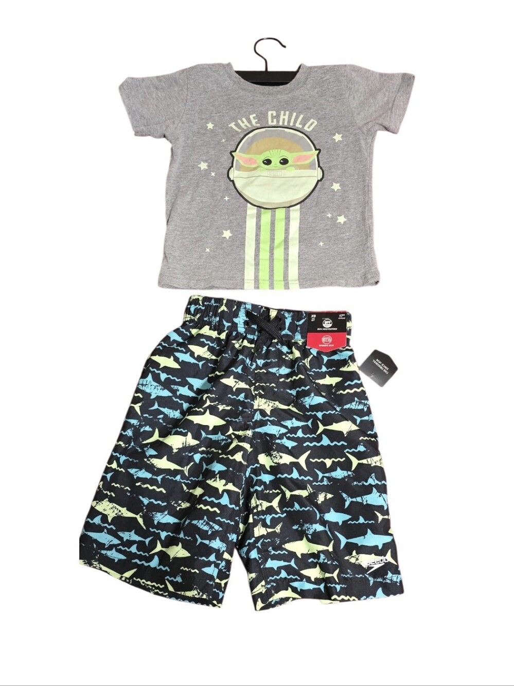 Kids  Yoda Grey Tee & Shark Swim Shorts Set